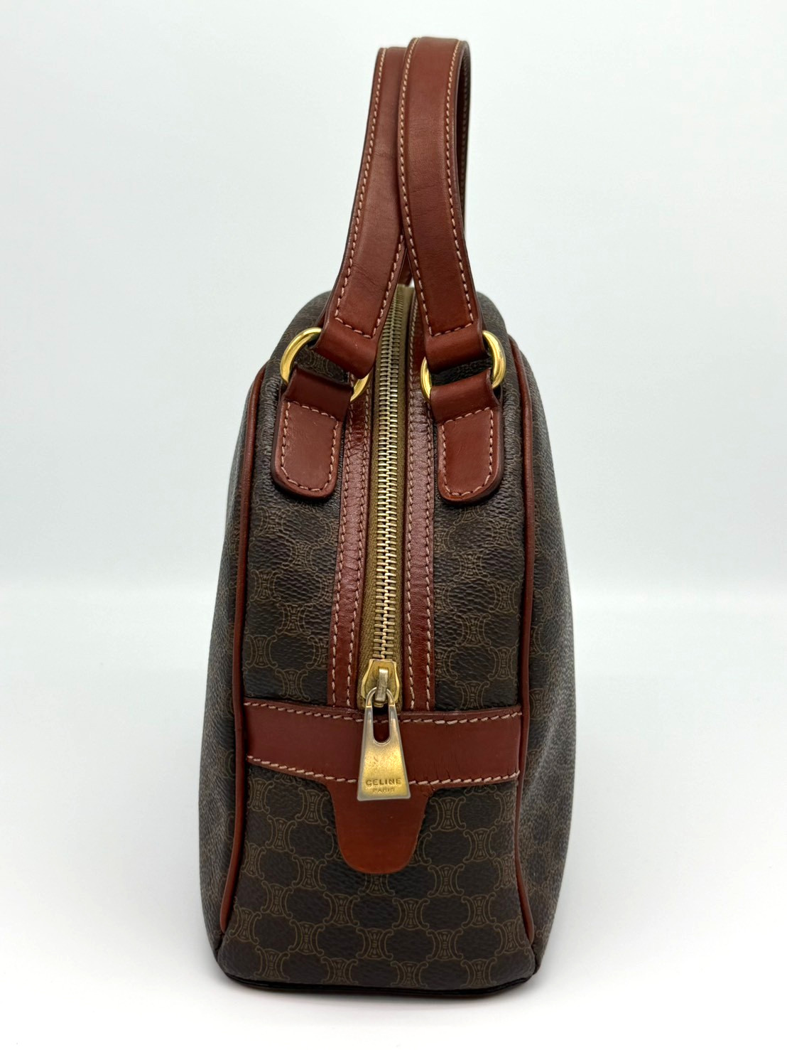 Vintage Celine Macadam Dome Hand Bag PVC Leather Brown Authentic