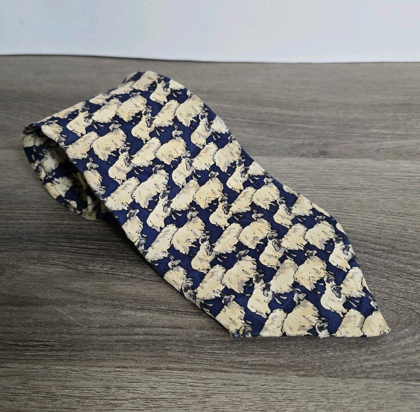 Museum Artifacts Silk Tie Mahogany Cream Flock Of Sheep Motif Necktie 58″