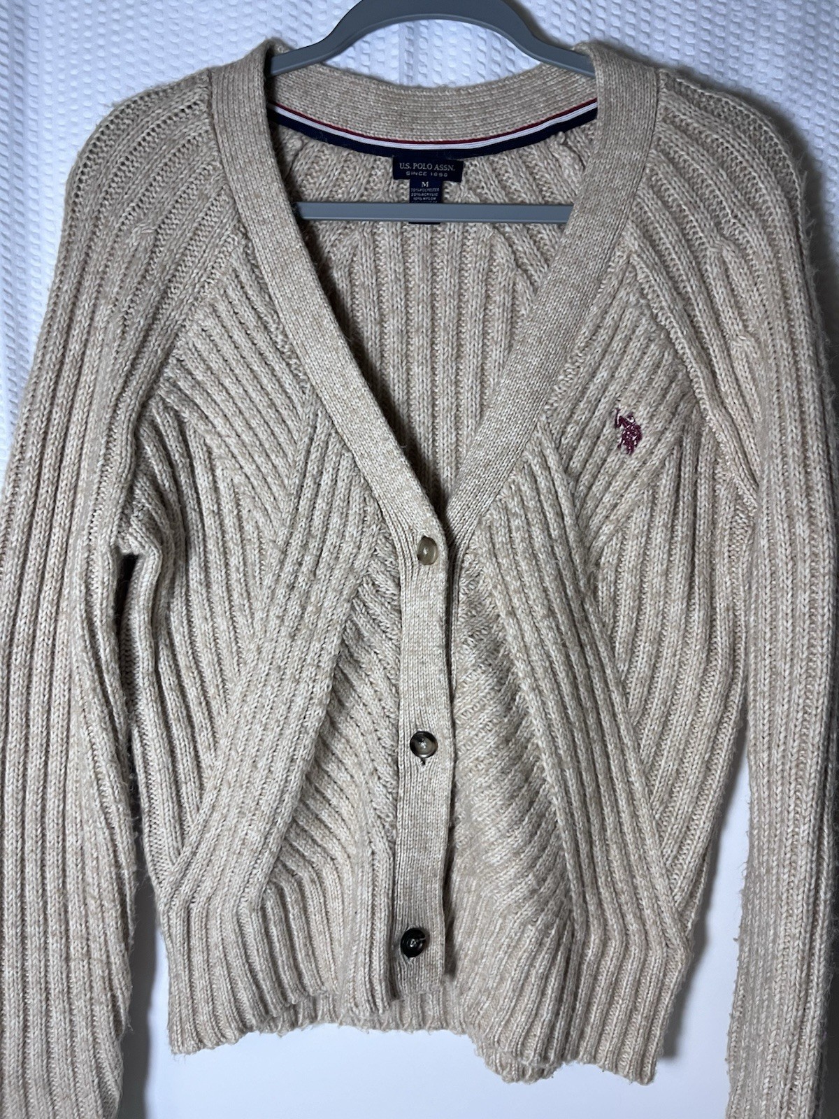 U.S. Polo Assn. Chunky Ribbed Knit Cardigan Oatmeal Beige Coastal Grandmother