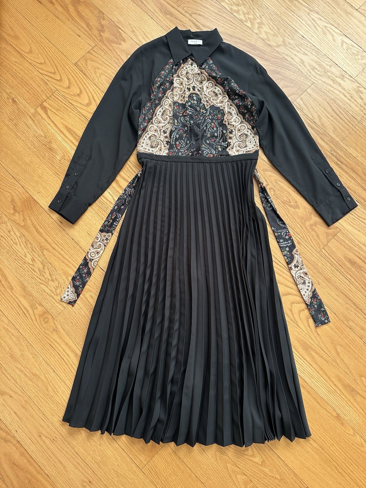 Sandro Paris Pleated Button Front Midi Dress Belted Black Size 42 EU/10 US
