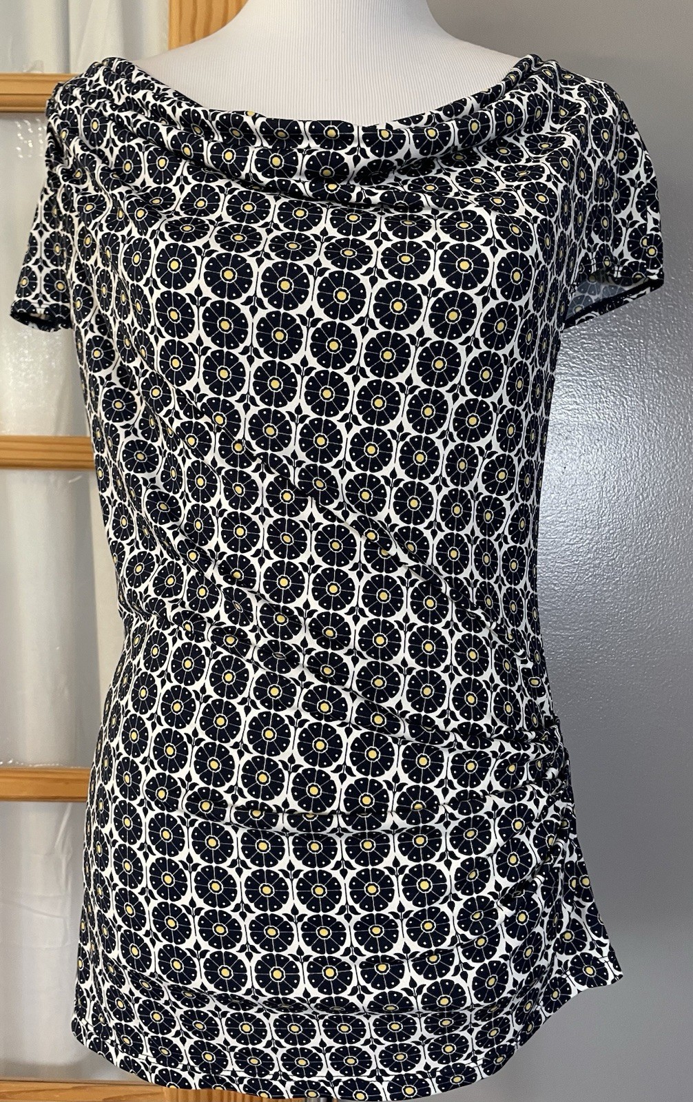 Max Studio floral Cowl Neck Blouse Sz L Black Side Ruched Pullover Career City