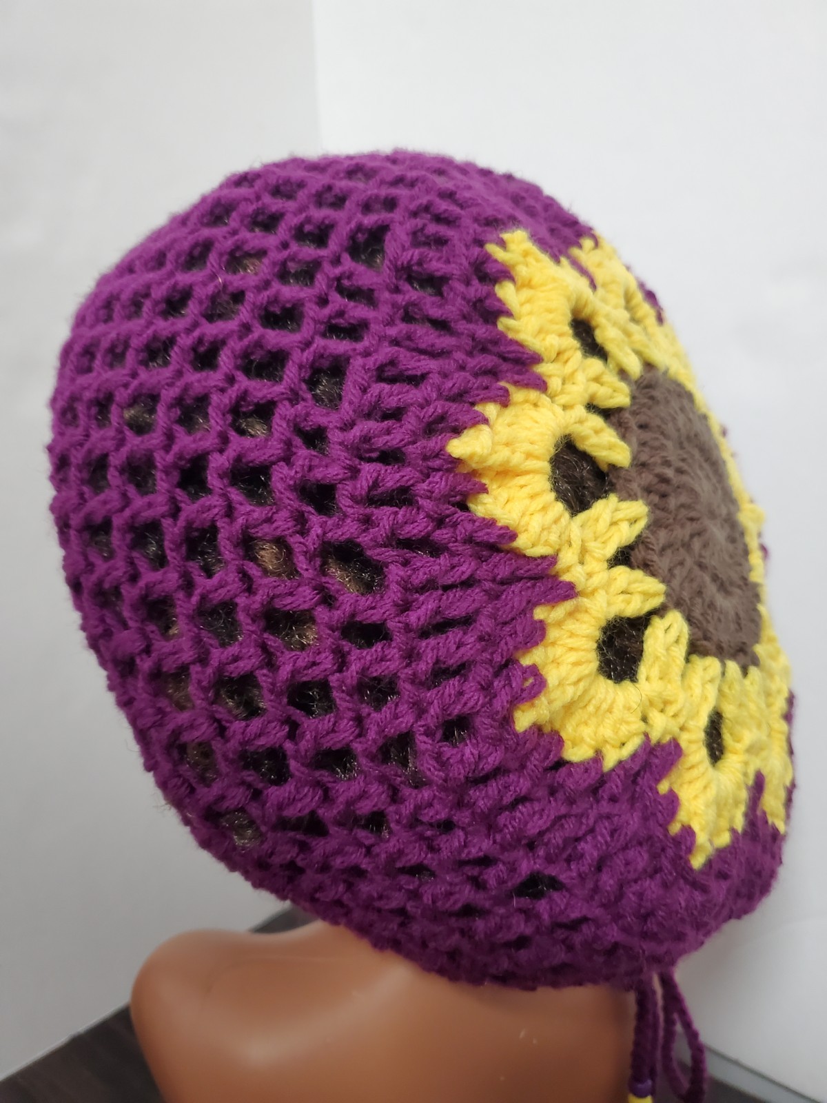 Crochet Flower Tam Slouch Hat With Drawstring Handmade One Size Dreadlock Beanie