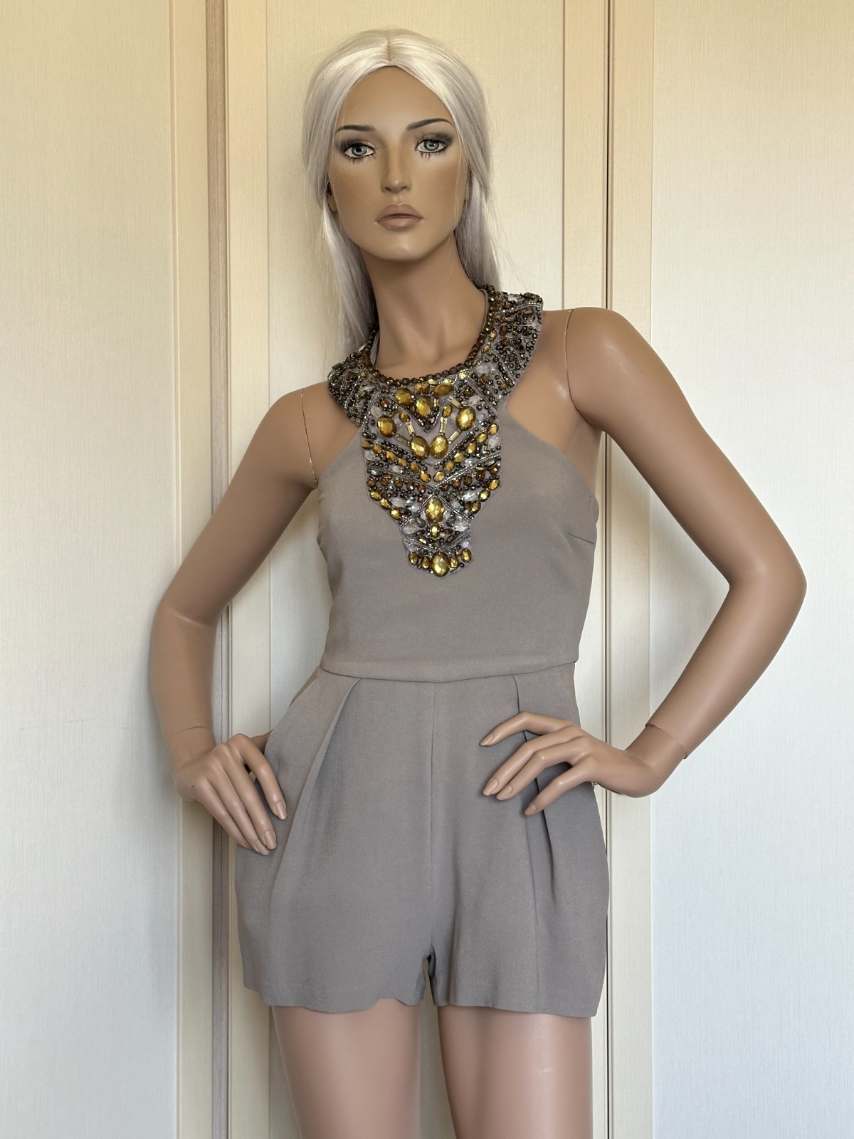 Elisabetta Franchi Gold Jewel Short Suit IT40 | Romper Jewel Jumpsuit Taupe