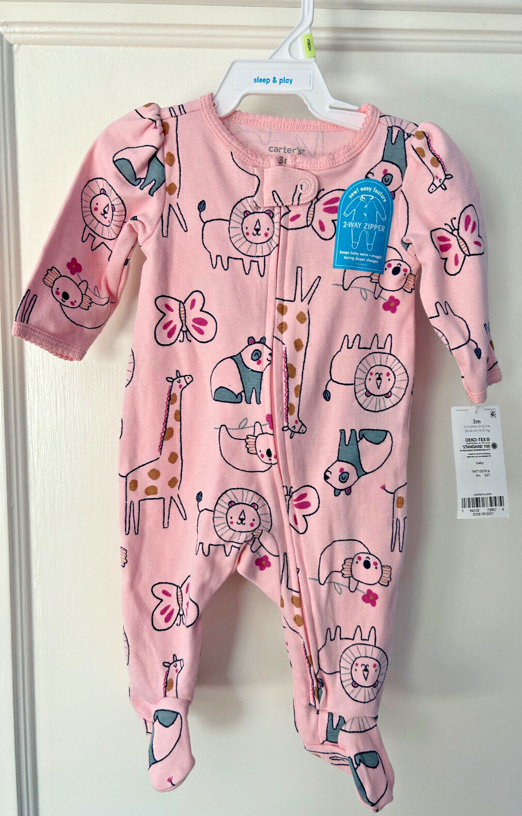 Carter’s Baby Girl 3 Months 2 Way Zip Sleep and Play Pink with Animals NWT