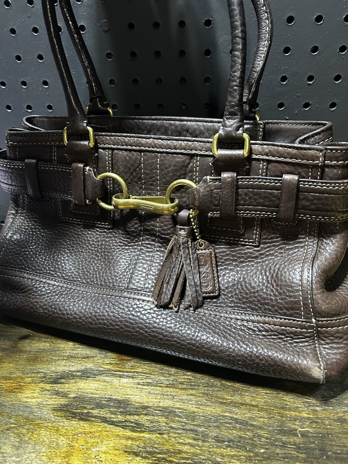 Coach Brown Pebbled Shoulder Bag Zip Lined Inner Pockets Tassel w Bag Charm