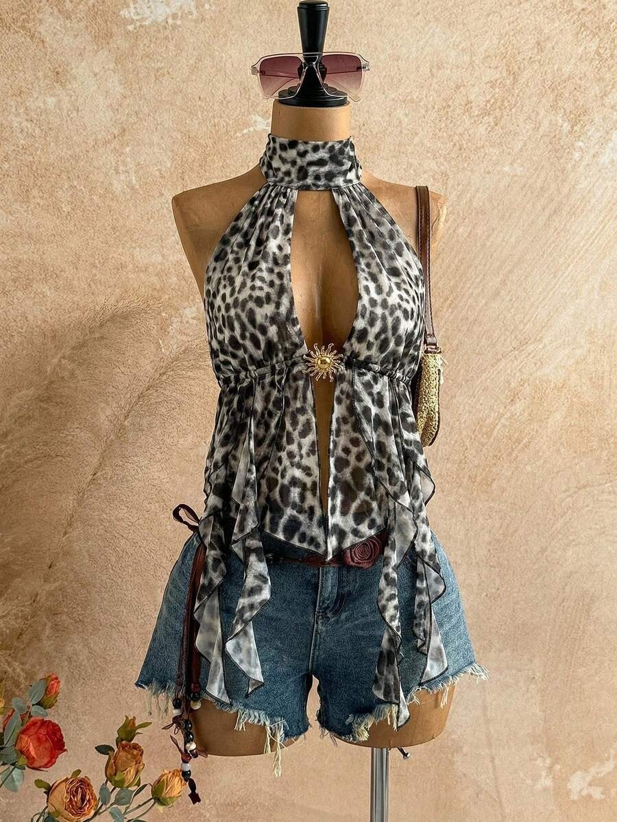 Leopard Print Halter Neck Top Backless Asymmetrical Boho Vacation Beach Blouse