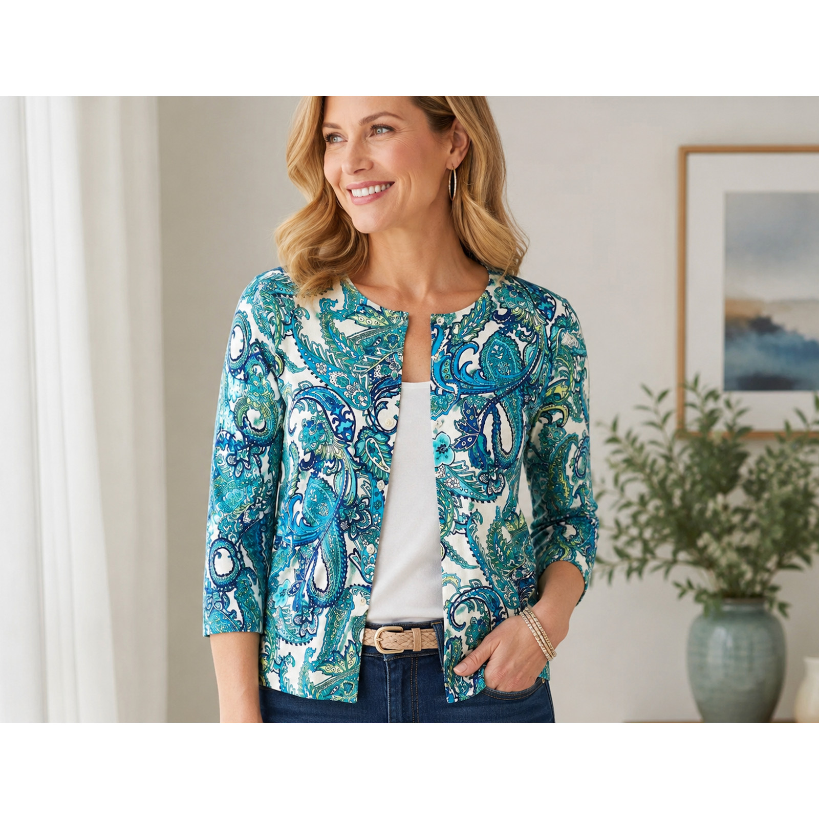 CHAPS Blue Green Paisley Knit Cardigan Button Front 3/4 Sleeve – Tag Missing