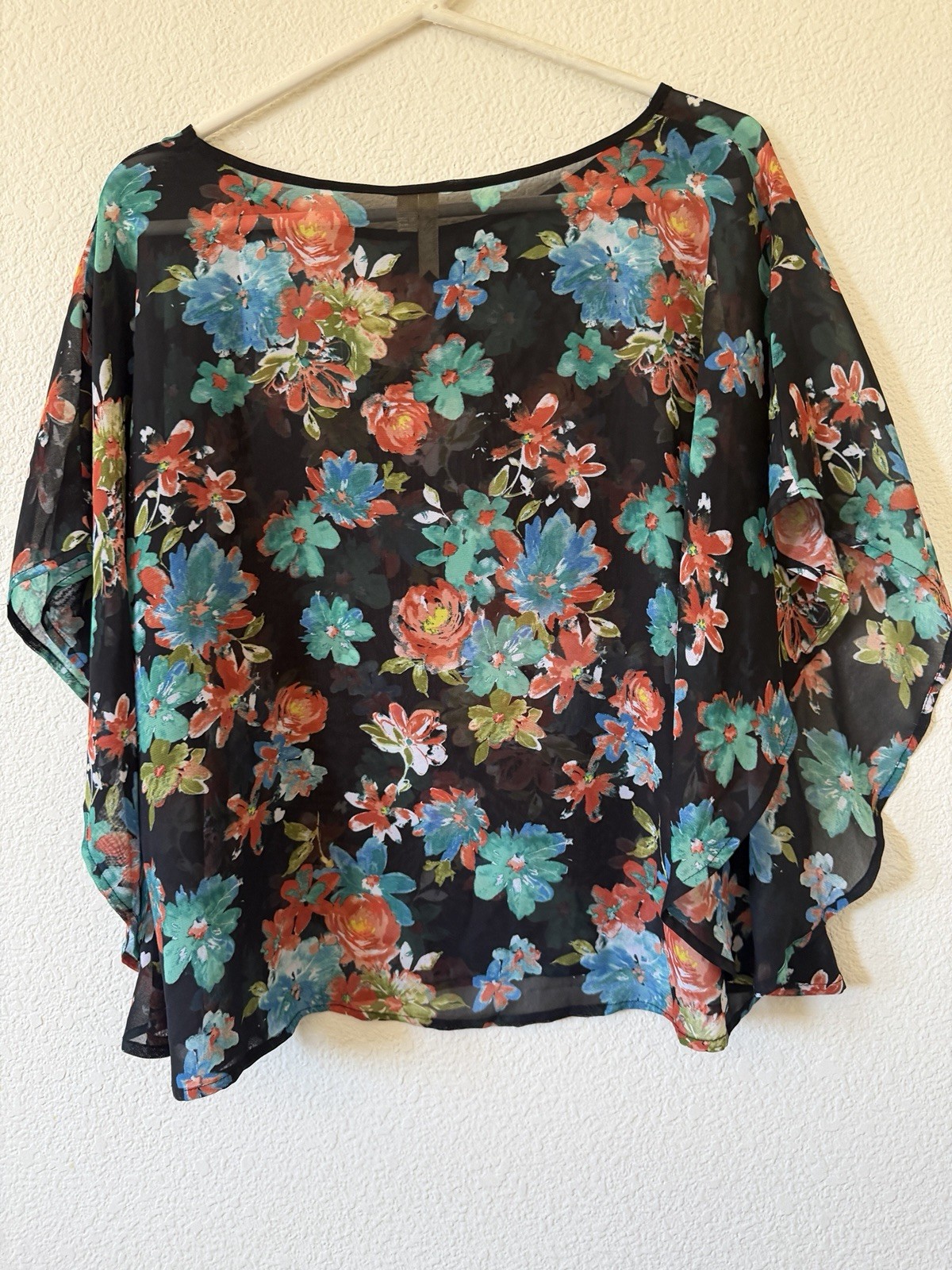 Chenault Womens Floral Chiffon Sheer Batwing Blouse Top Black Multicolor L