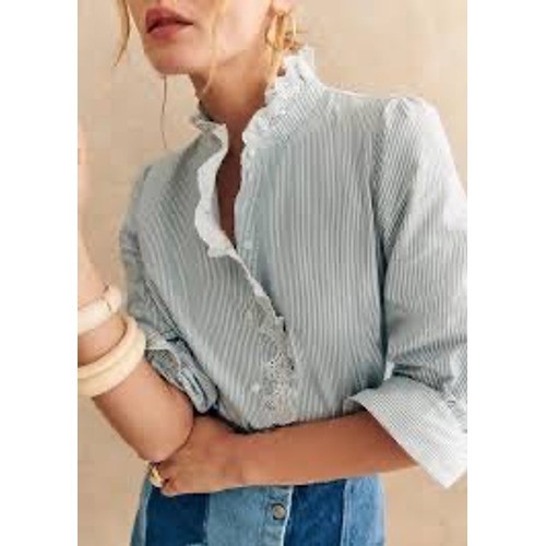 SÉZANE Blue Striped Chlo Blouse Lace Trim Romantic Cottagecore Shirt US Size 16