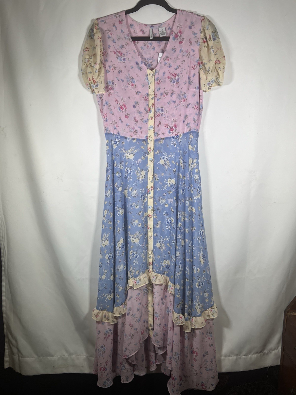 Evie Blue Pink Floral Patchwork Print Midi Dress Button CottageCore Feminine NWT