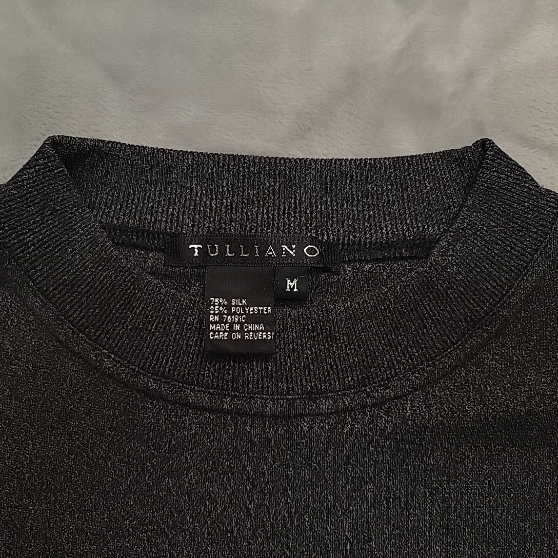 Tulliano Shirt Men Medium Black Silk Blend Mock Neck Short Sleeve Knit Luxury