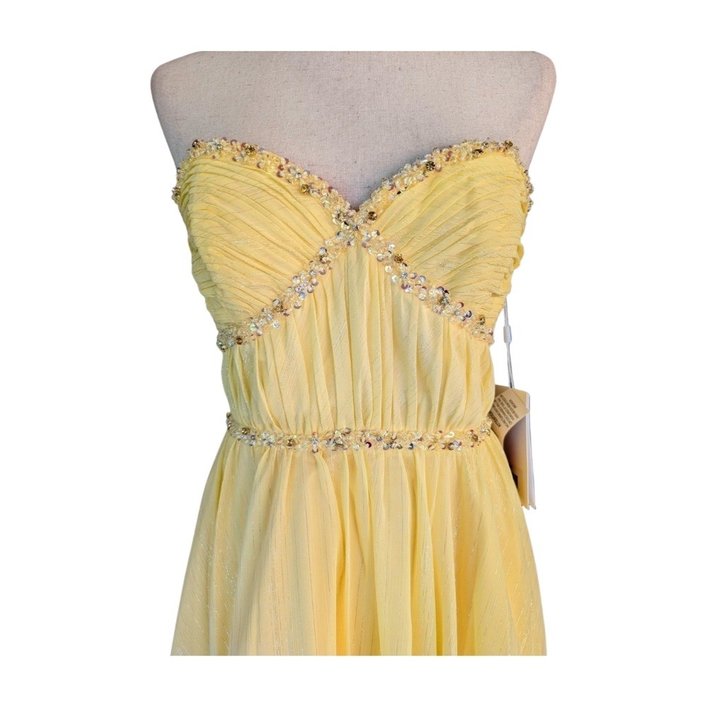NWT MAC DUGGAL Beaded Strapless Chiffon High Low Evening Dress Lemon 68096 SZ 4