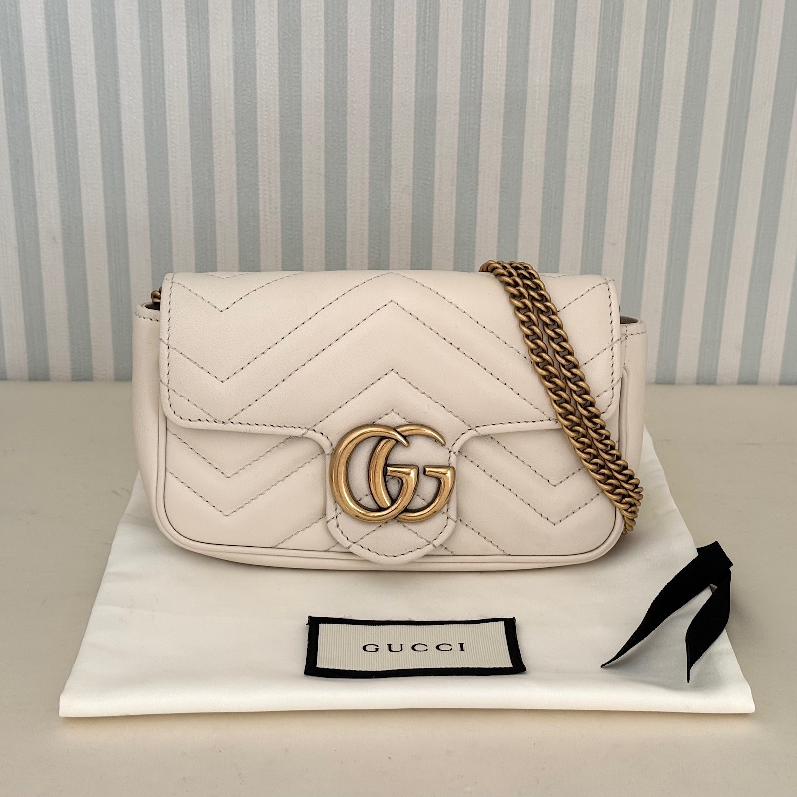 GUCCI GG Marmont 476433 Leather Chain Shoulder Bag White Crossbody with Dust Bag