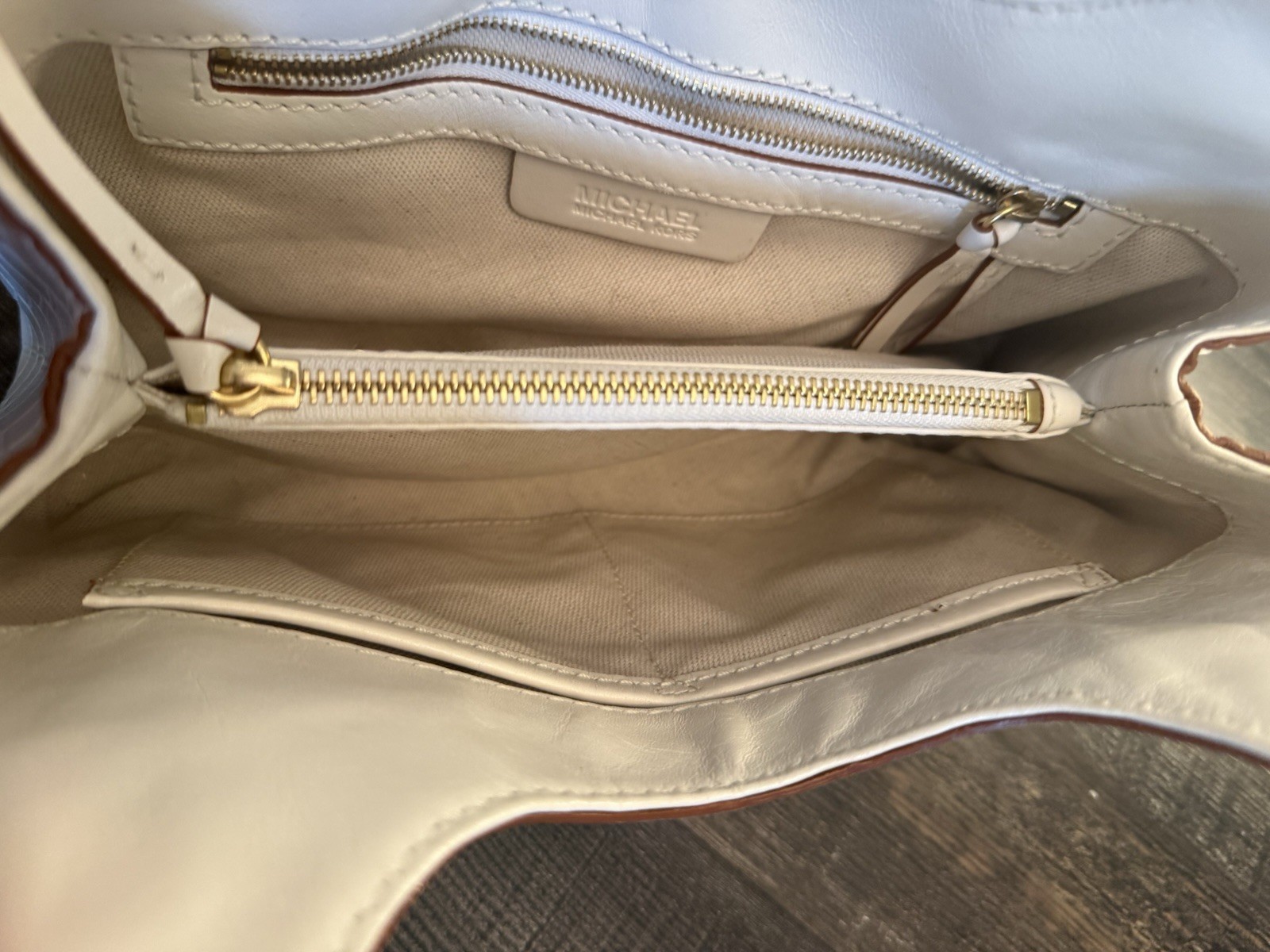 Michael Kors White Croc Embossed Satchel Top Handle Buckle Gold Hardware Pockets