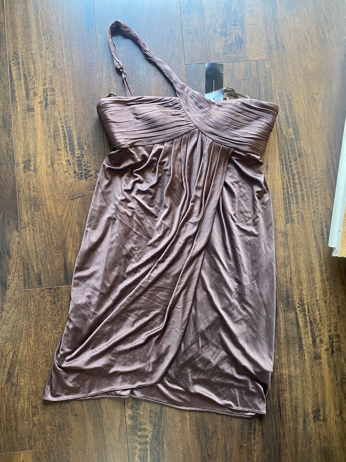 BCBG Max Azria Brown Eve One-Shoulder Dress Cascade Cocktail Sz 8 NWT
