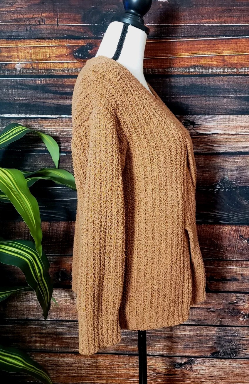 BiBi Sweater Small Sherpa Knit Soft Braided Front V-Neck Plush Warm Caramel Bev