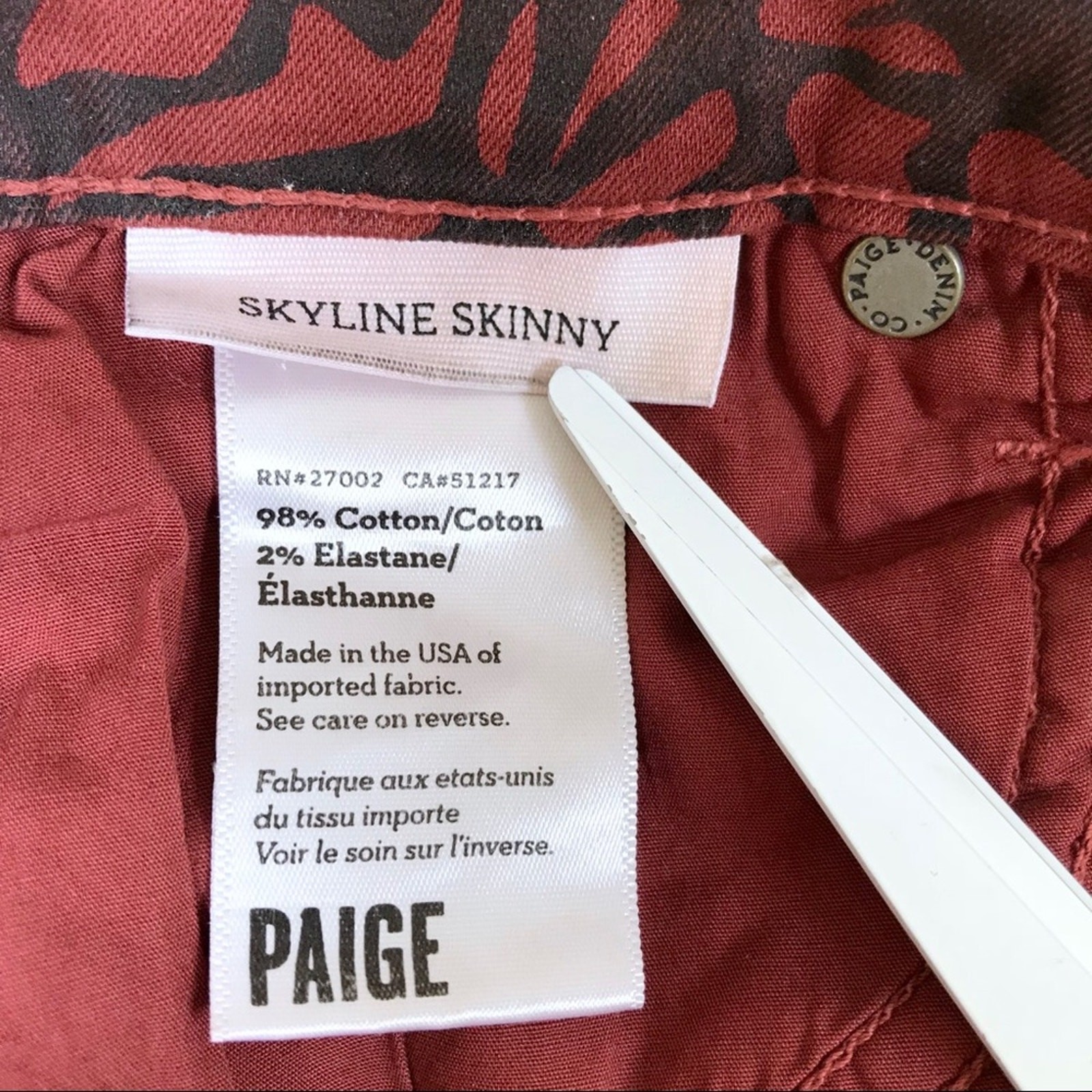 PAIGE Skyline Skinny Maroon Black & Red Leaf Print Skinny Jeans Women’s Size 26