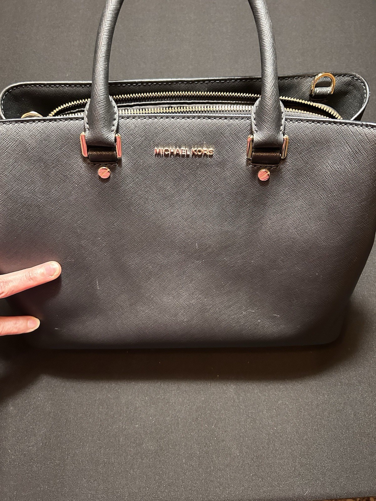 Michael Kors Savannah Large Satchel Black Saffiano Leather Gold Crossbody Strap