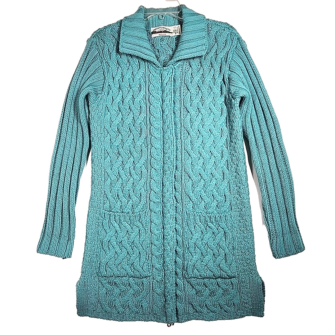 Aran Crafts Merino Wool Cable Knit Cardigan Coat Womens S Zip Fisherman Ireland