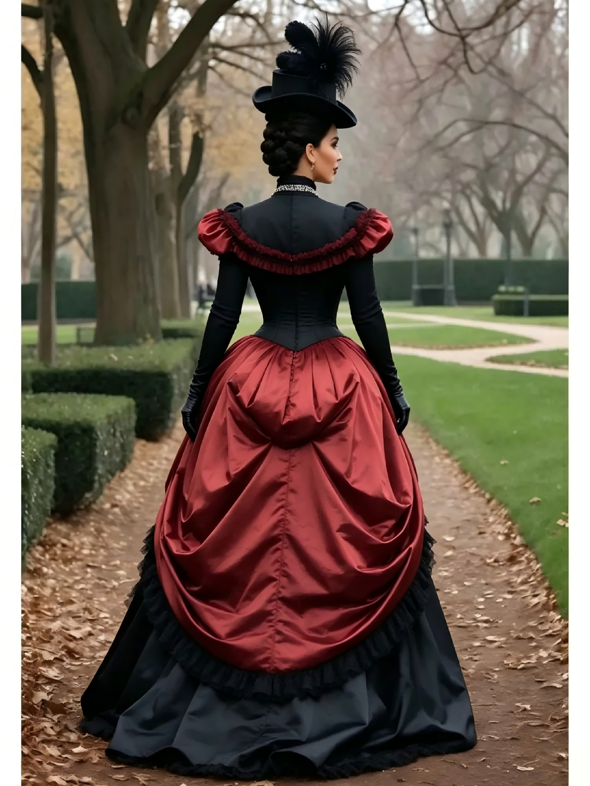 Black Red Victorian Corset Ball Gown with Hat Gothic Steampunk Costume