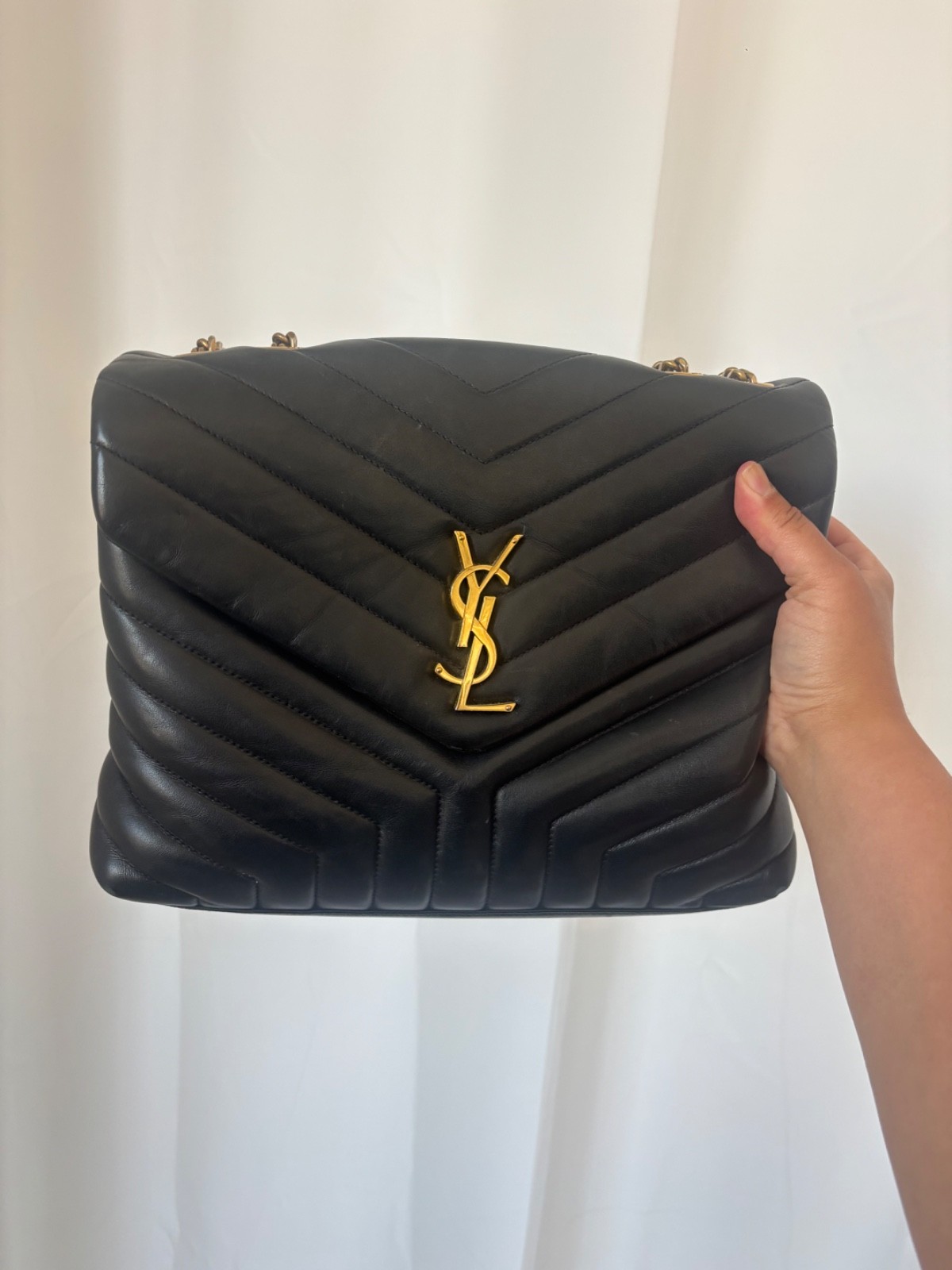 Saint Laurent Loulou Bronze Hardware Shoulder Bag Medium Black Leather