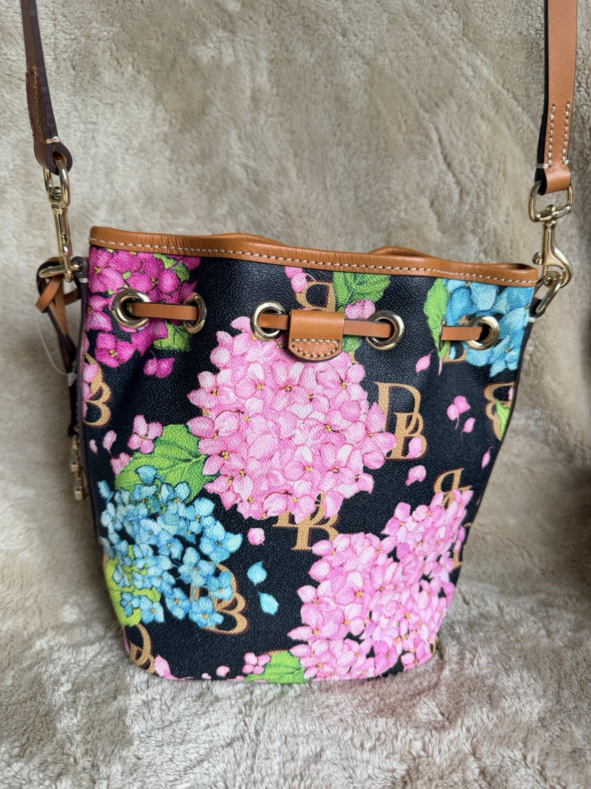 Dooney & Bourke Floral Drawstring Bucket Crossbody Bag Small Gold Hardware