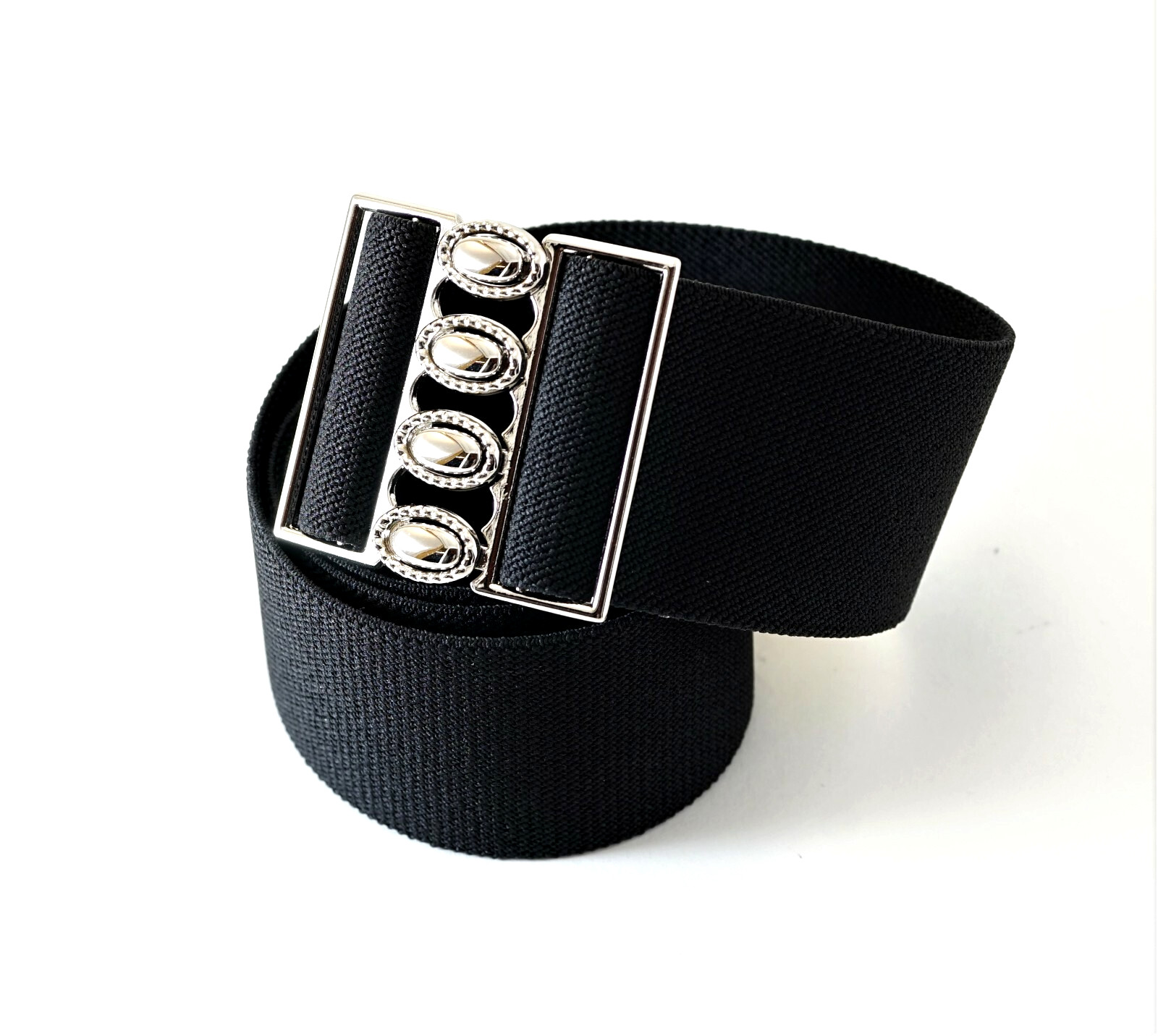 Woman Elastic Stretch 2 inch(#51S) Belt, Silver Color Buckle Size 25-43″, USA