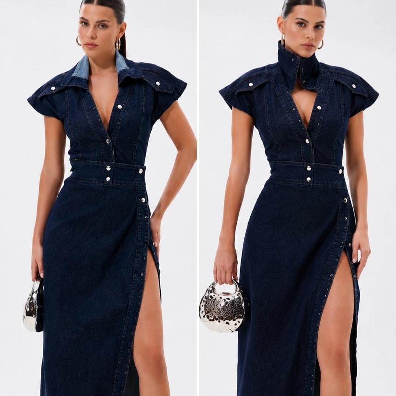 NWT Akira Dark Wash Denim Maxi Dress Structured Shoulder High Slit Military M