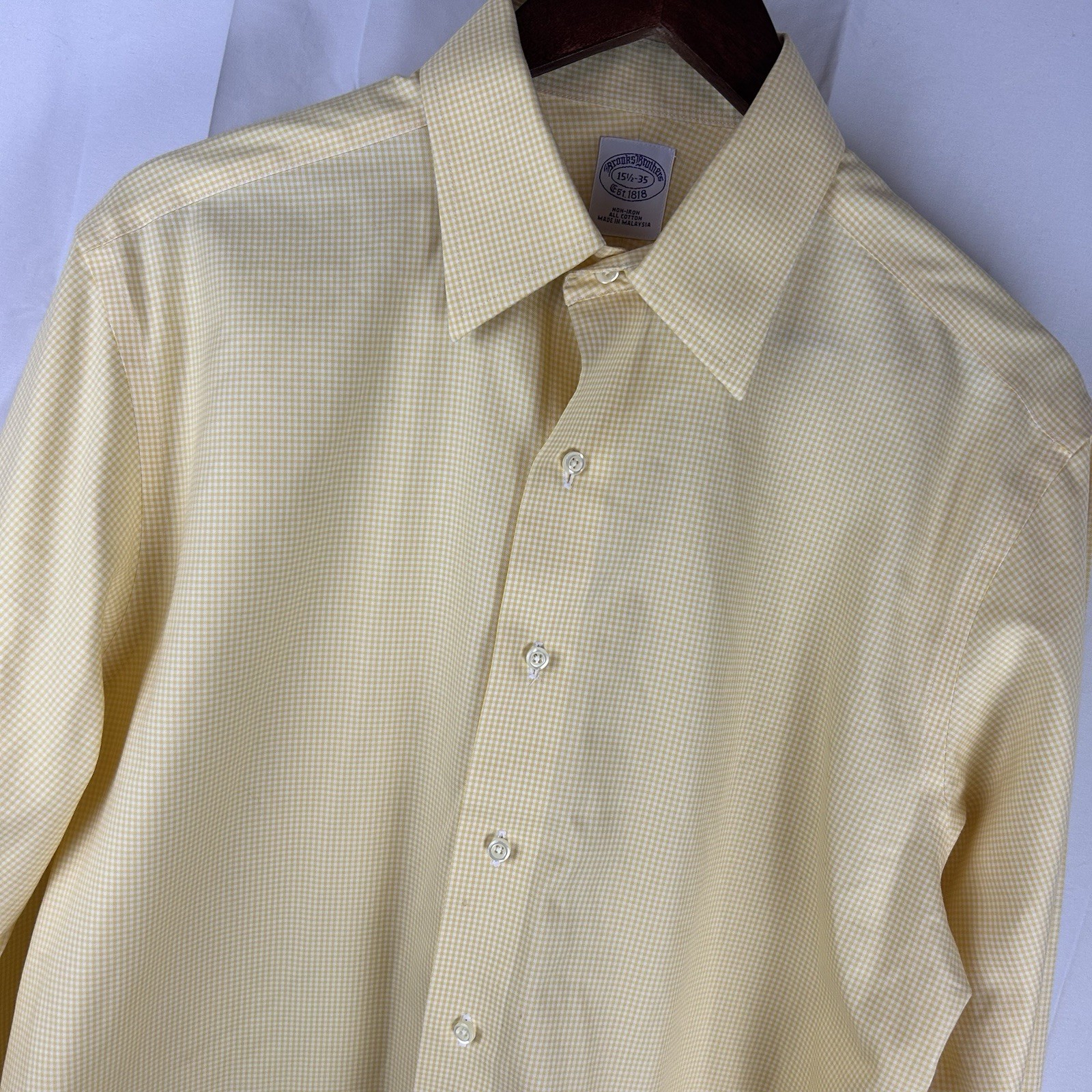 Brooks Brothers 15 1/2-35 Yellow Check Long Sleeve Button Shirt Men 100% Cotton