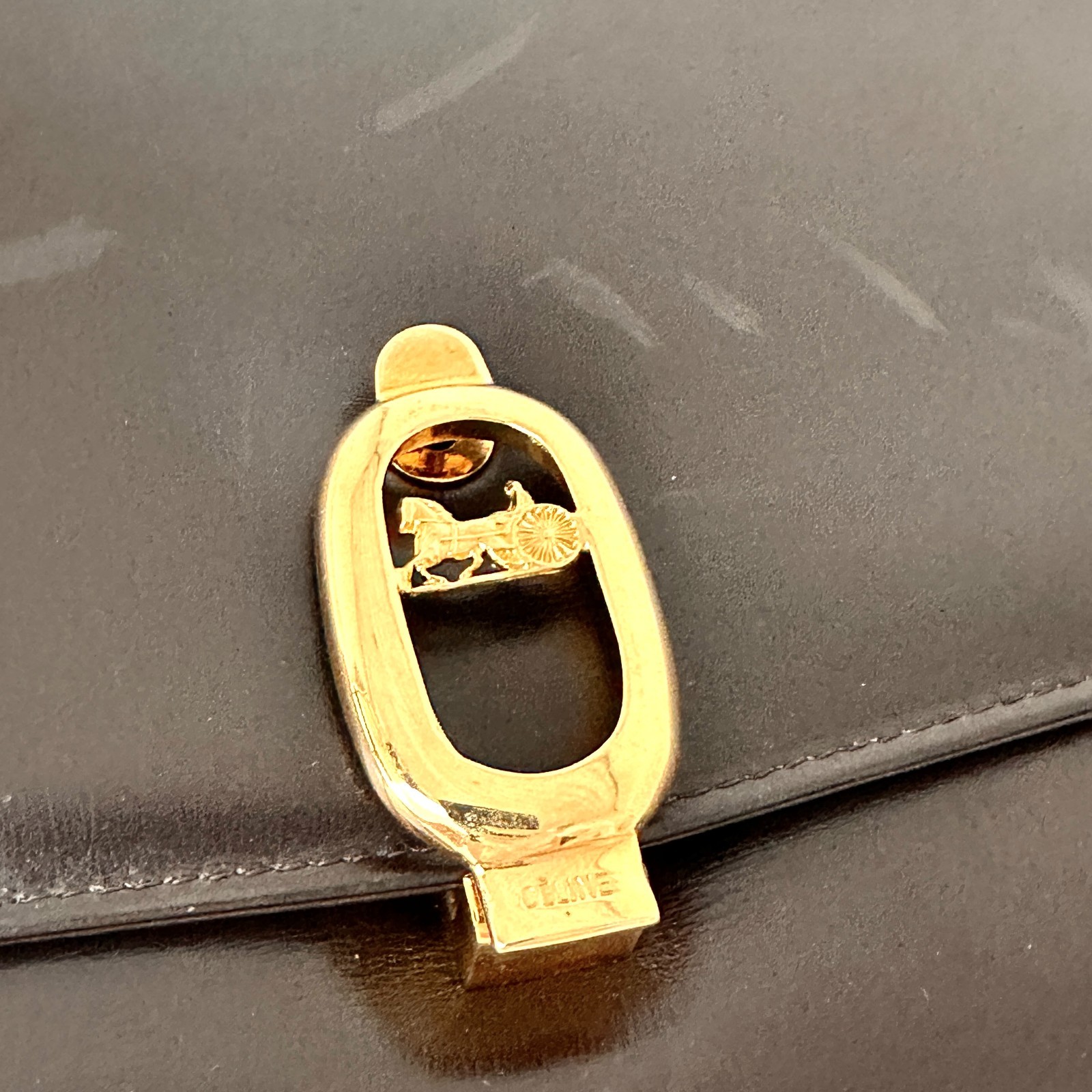 Celine Horse Carriage Flap Leather Shoulder Crossbody Bag Dark Brown Gold