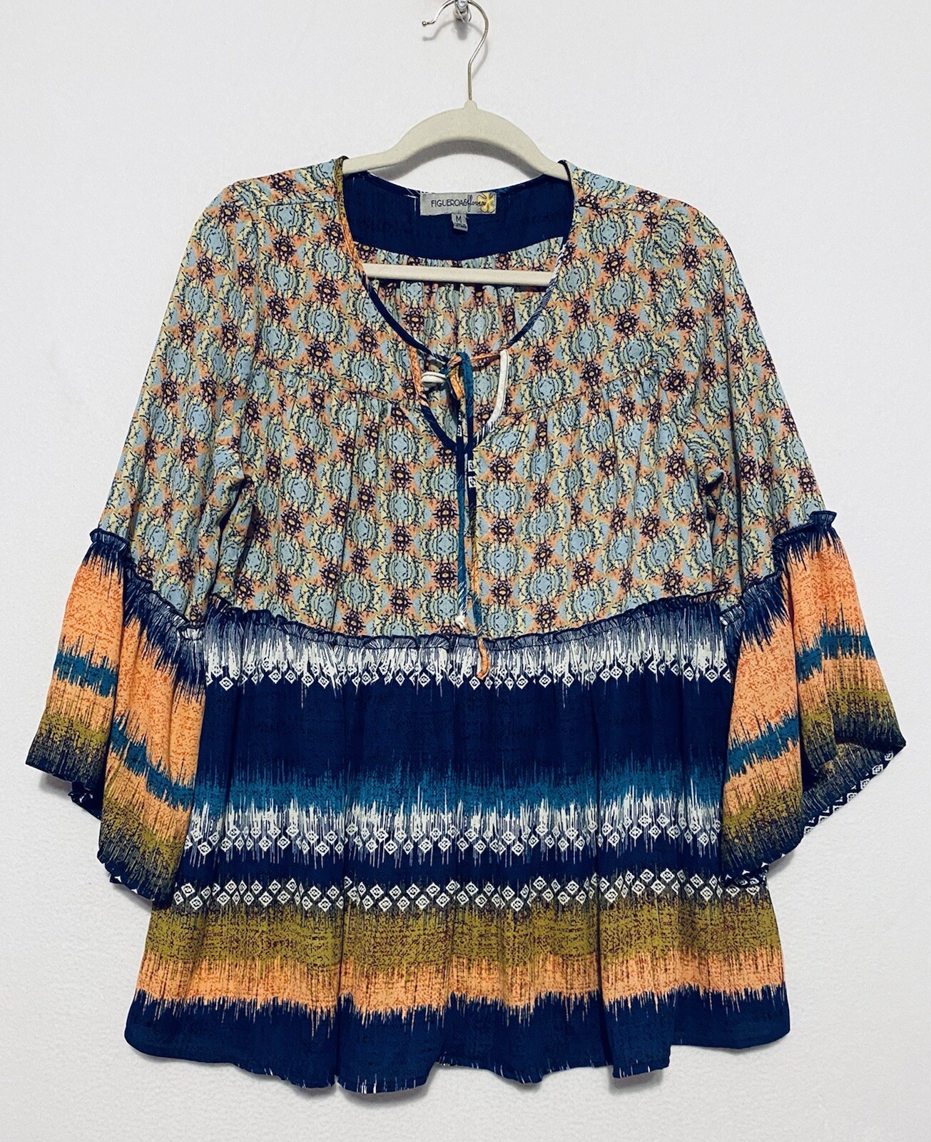Figueroa Flower Top Womens Medium Peasant Bell Sleeves Tie Neck Flowy Boho