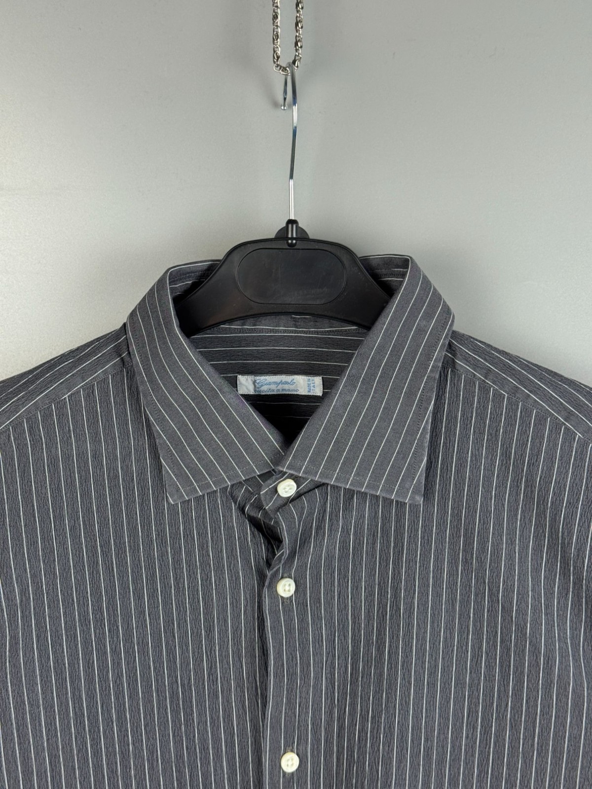 Men’s Giampaolo Gray Cotton Blend Seersucker Long Sleeve Shirt Neck Size 17 in