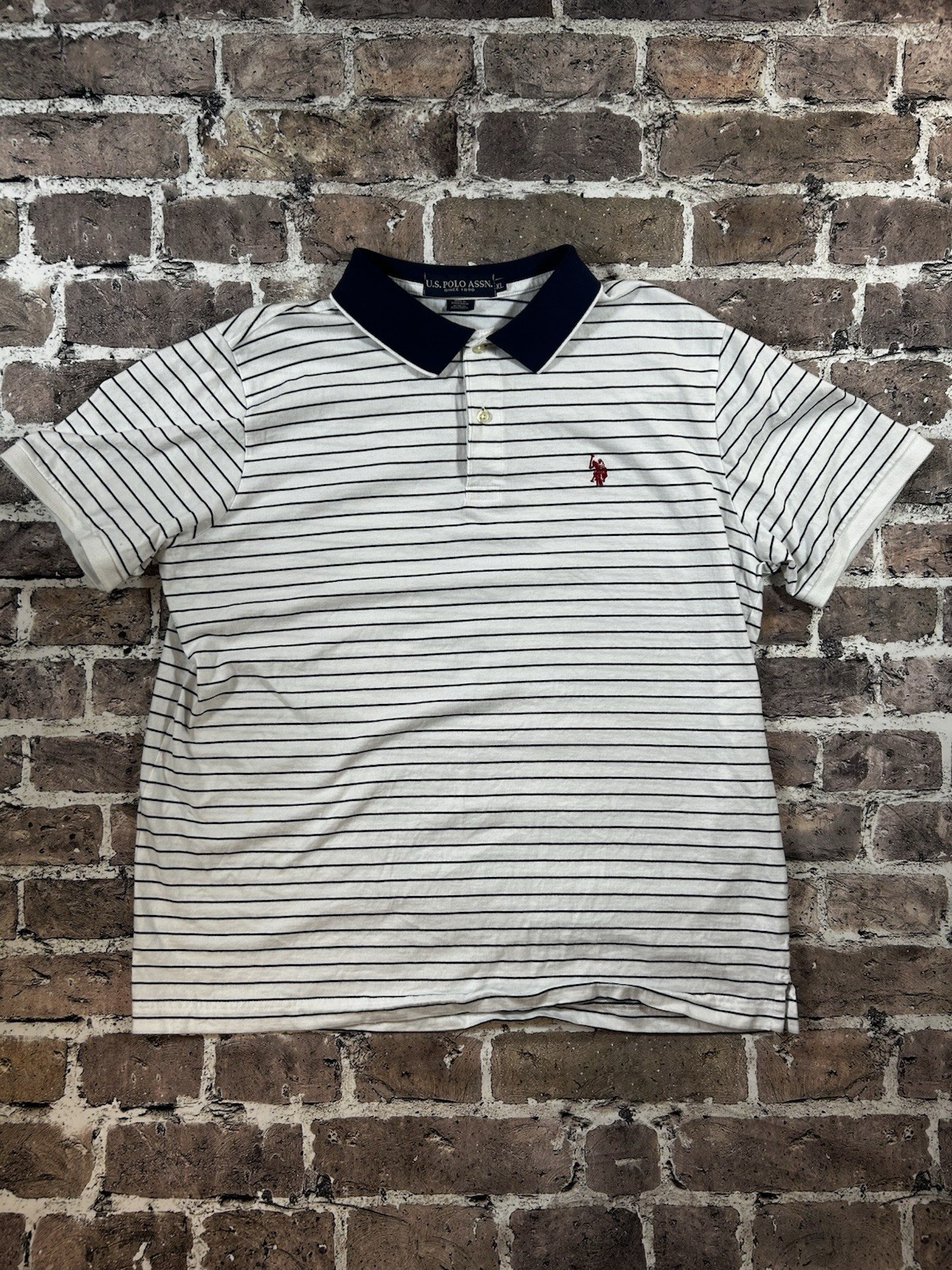 U.S. Polo Assn. Men’s White/Navy Striped Short Sleeve Polo Shirt XL Logo