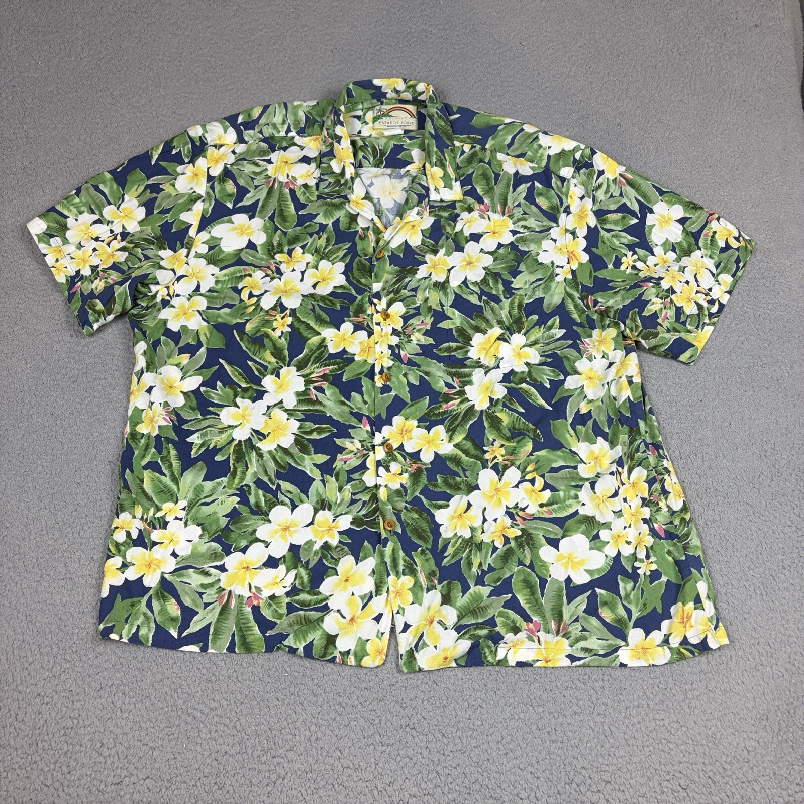 Vintage Paradise Found Hawaiian Shirt Men’s XL Floral Rayon Wooden Button