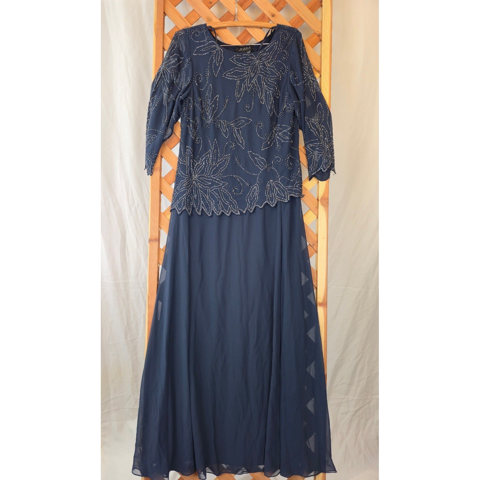 J Kara Floral Beaded Gown Women 14W Navy Sheer Sleeve Mock Two Piece -New