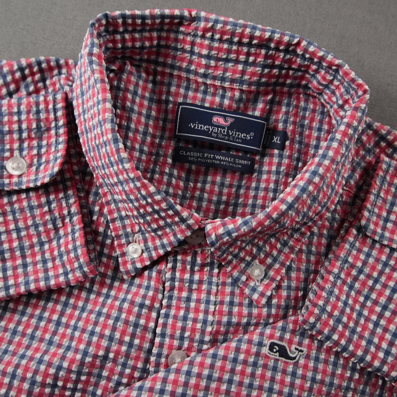 Vineyard Vines Seersucker Nylon Poly Whale Shirt Mens XL Blue Gingham