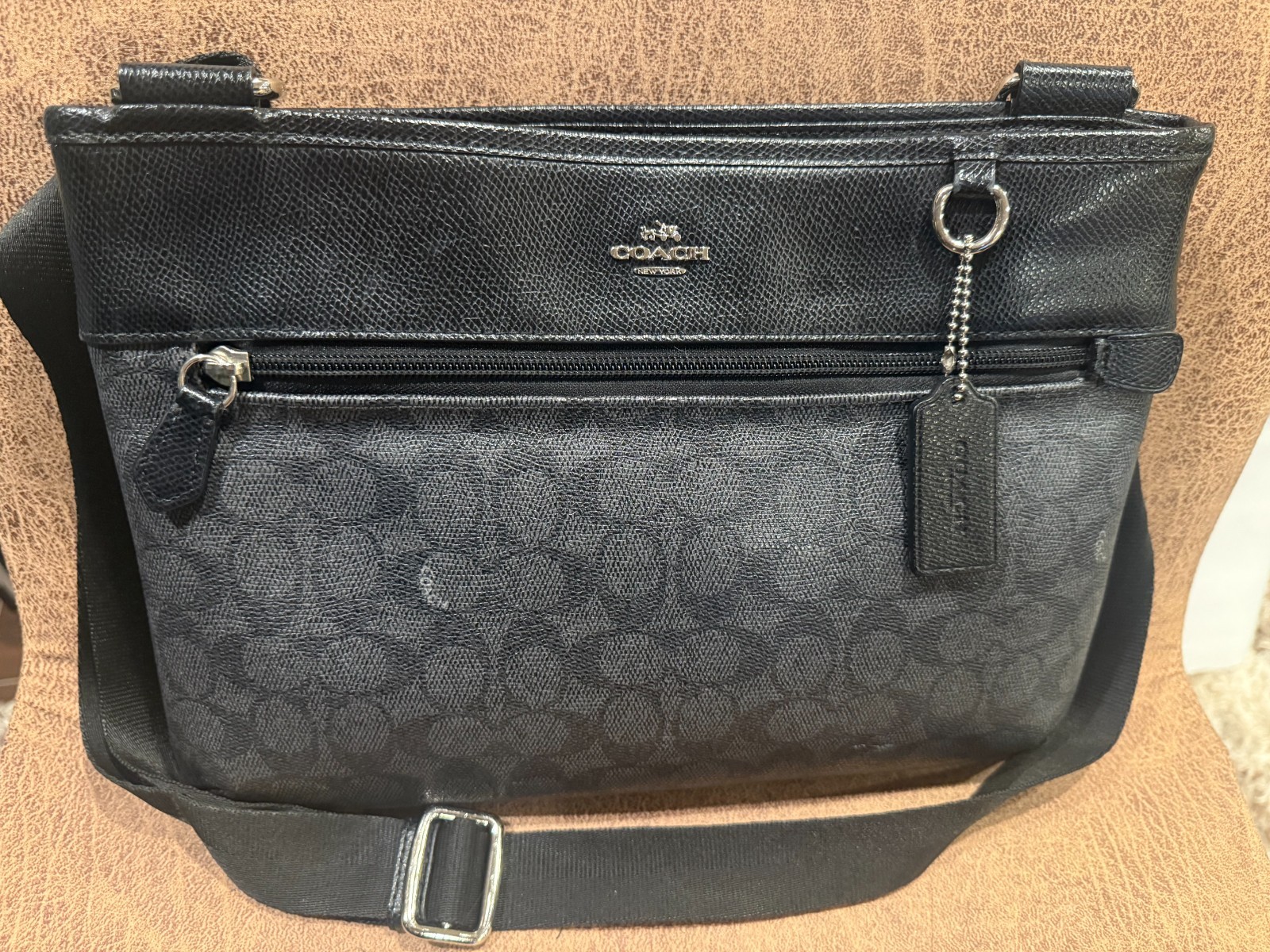 Coach Signature Jacquard File Crossbody Bag Black Silver Hardware