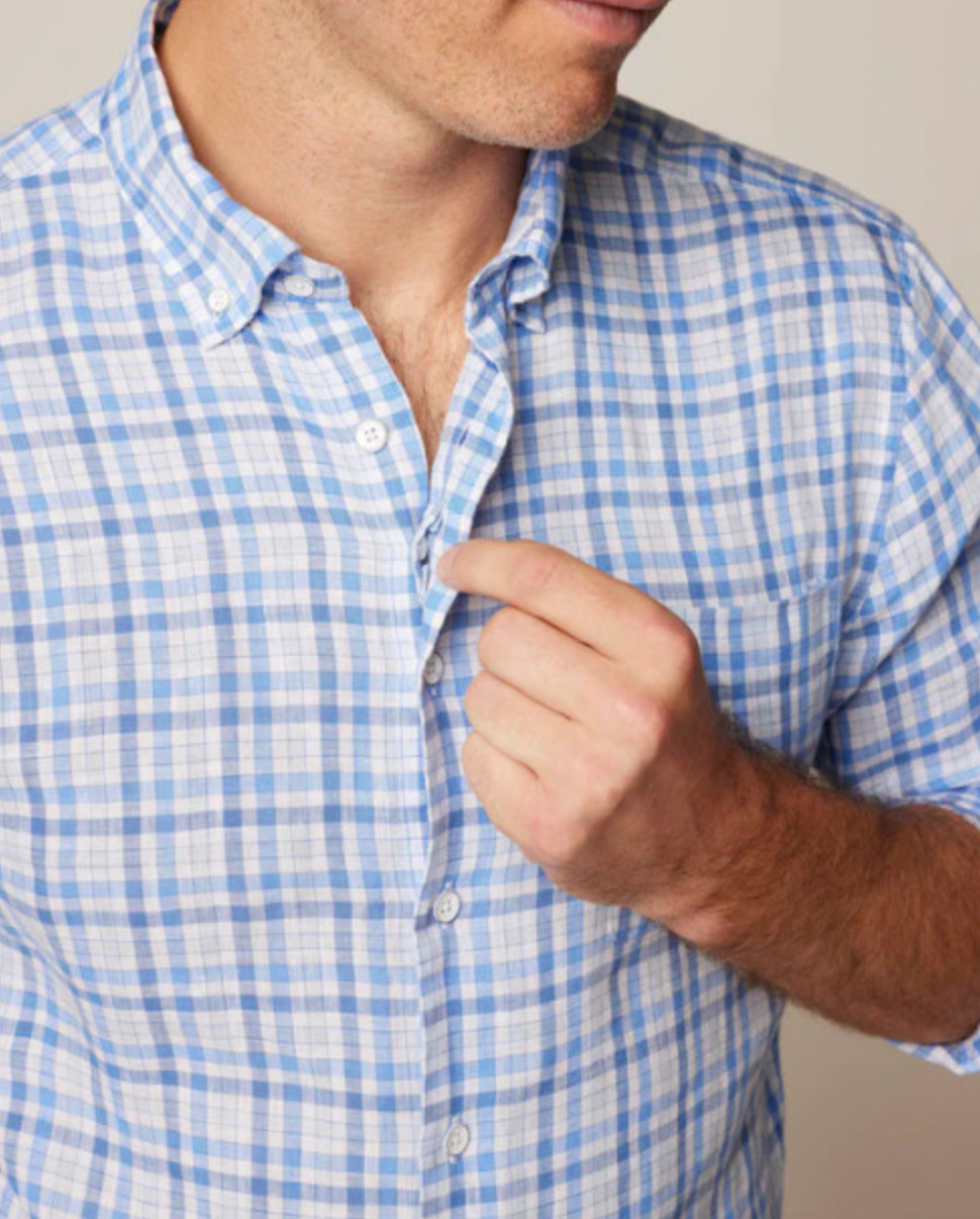 NEW JOHNNIE-O HANGIN’ OUT LAGUNA BLUE BRONX PLAID LINEN BUTTON UP SHIRT SZ XL