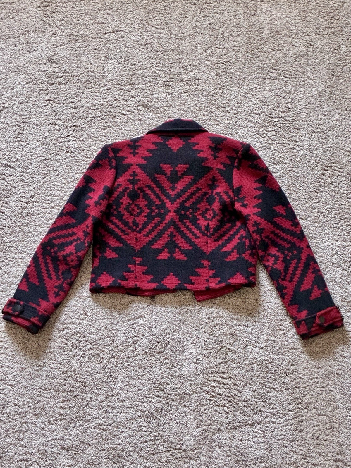 Double D Ranch Red/Black Geometric Aztec Zip Collared Short Moto Jacket Women S