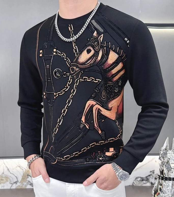 New Men Luxury Diamond Horse Rhinestone Fashion Sweatshirt High Quality 3 Colors