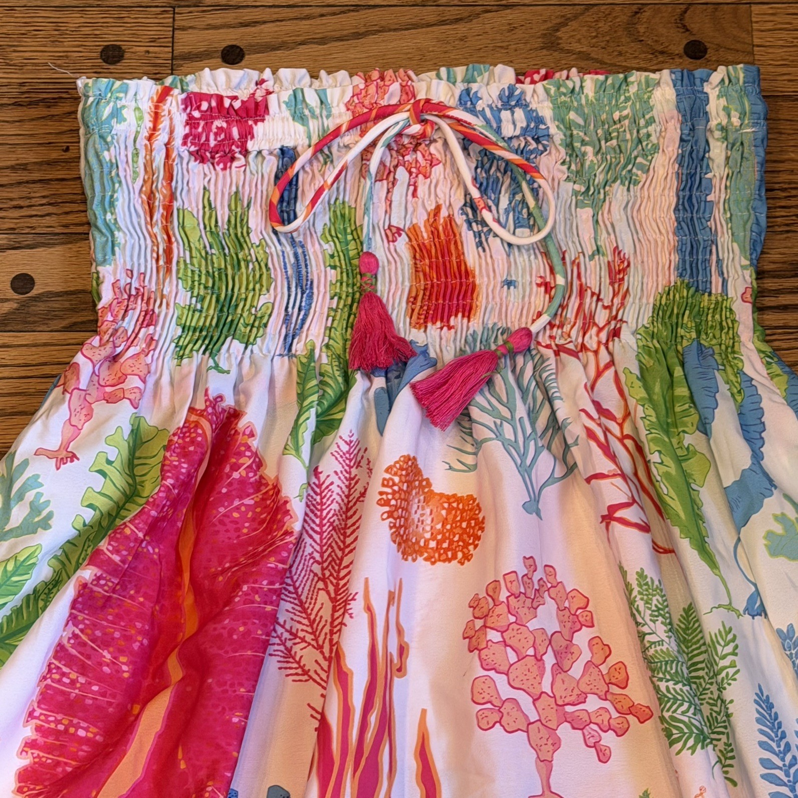 Gretchen Scott Coral Seaweed Print Smocked Maxi Skirt OS White Pink Green