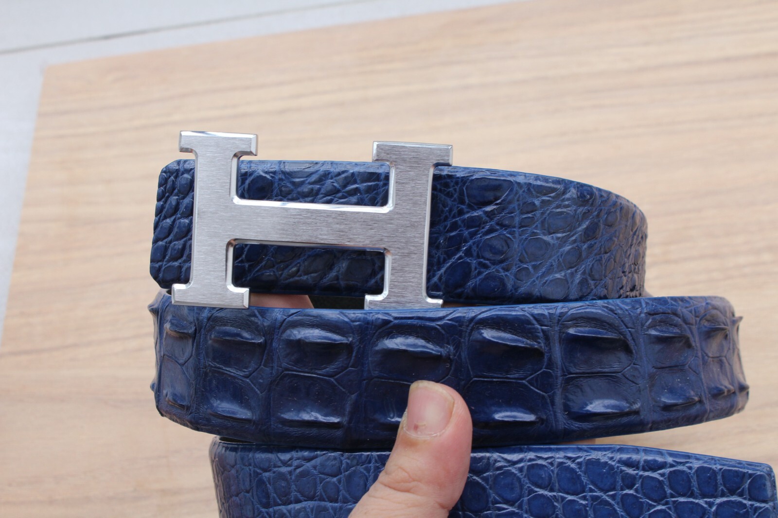 Blue Hornback Alligator Crocodile Print Leather Men’s Belt – W 1.3 inch
