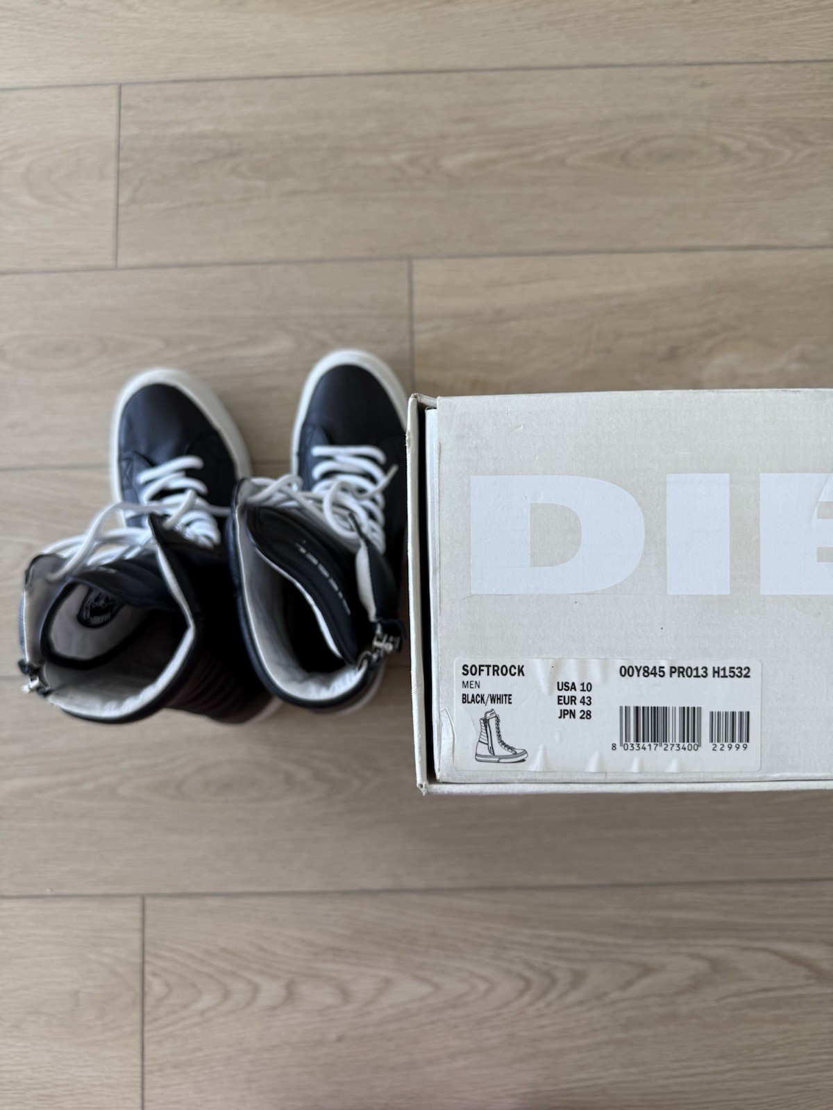 Diesel Softrock Men’s High Top Boots Black White Leather Zipper Lace Up US 10