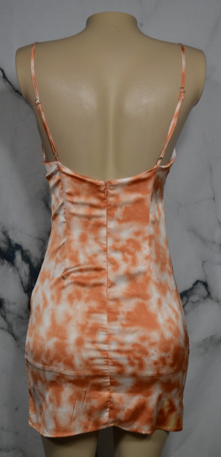FOREVER 21 Beige Rust Marbled Slip Dress Small Spaghetti Strap Lined Ruched Seam