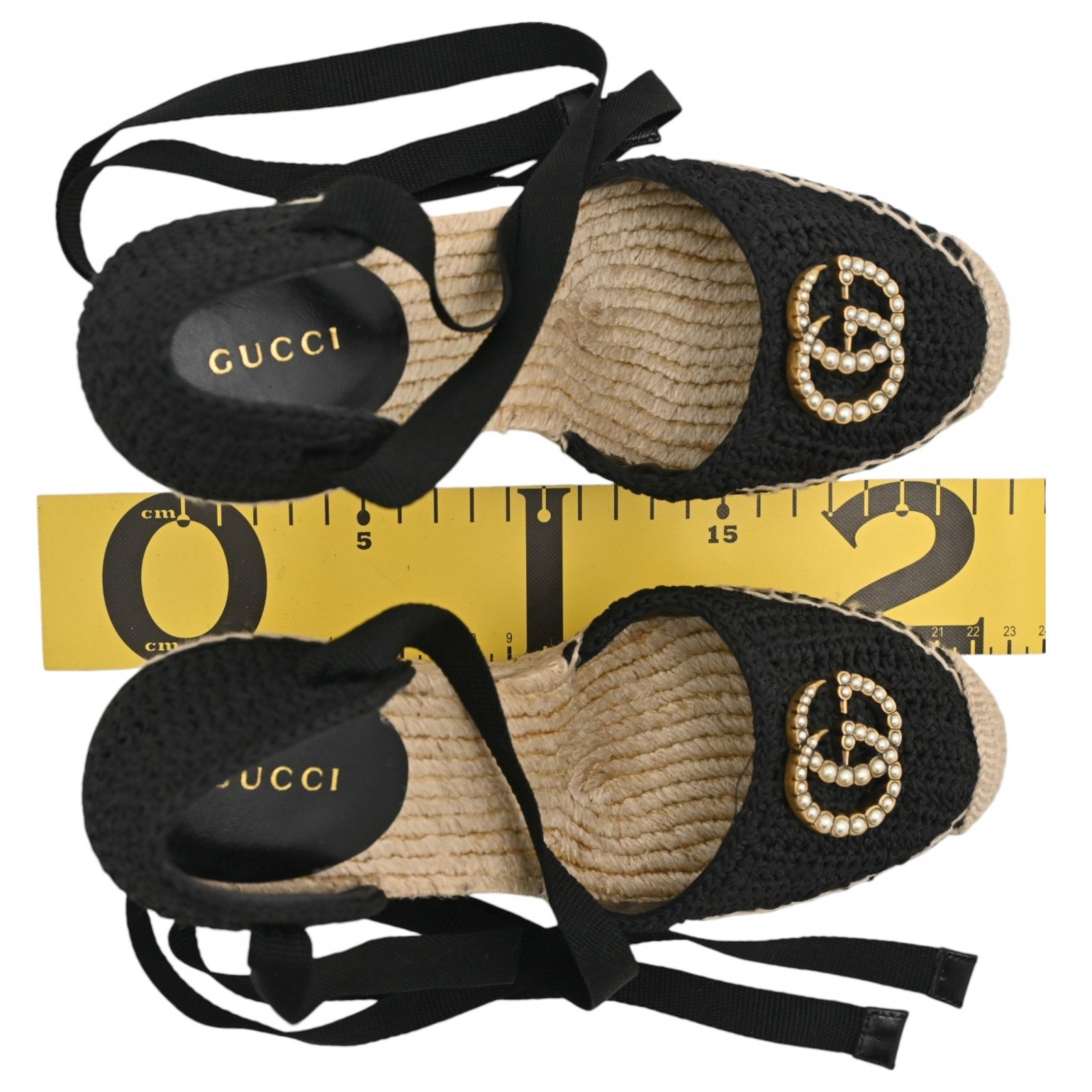 Auth GUCCI GG Marmont Espadrille Wedge Sole Sandals Black × Beige gu8934ns