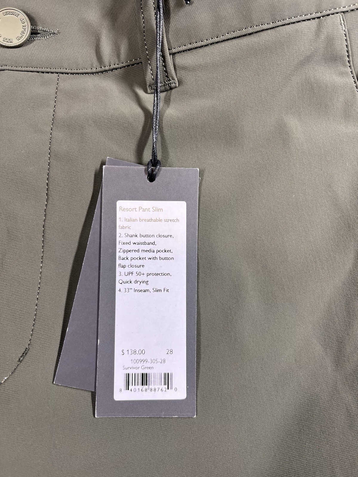 Rhone Resort Pants Sz 28 Mens Stretch Performance Travel Green UPF 50+ $138 MSRP