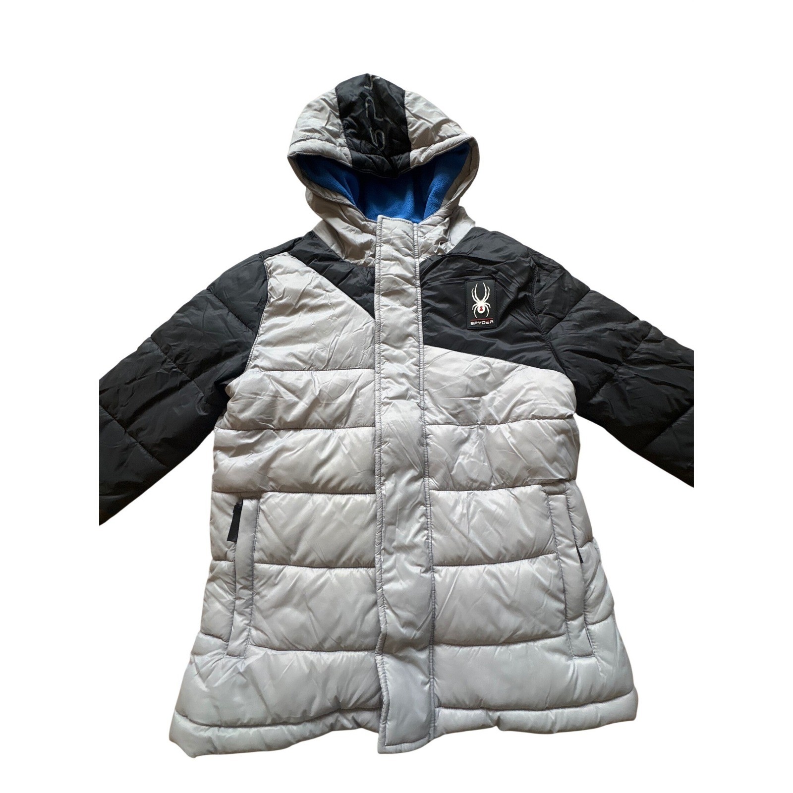 Spyder Boys Alloy Puffer Jacket Grey Black Blue Hooded Winter Coat size M 10/12