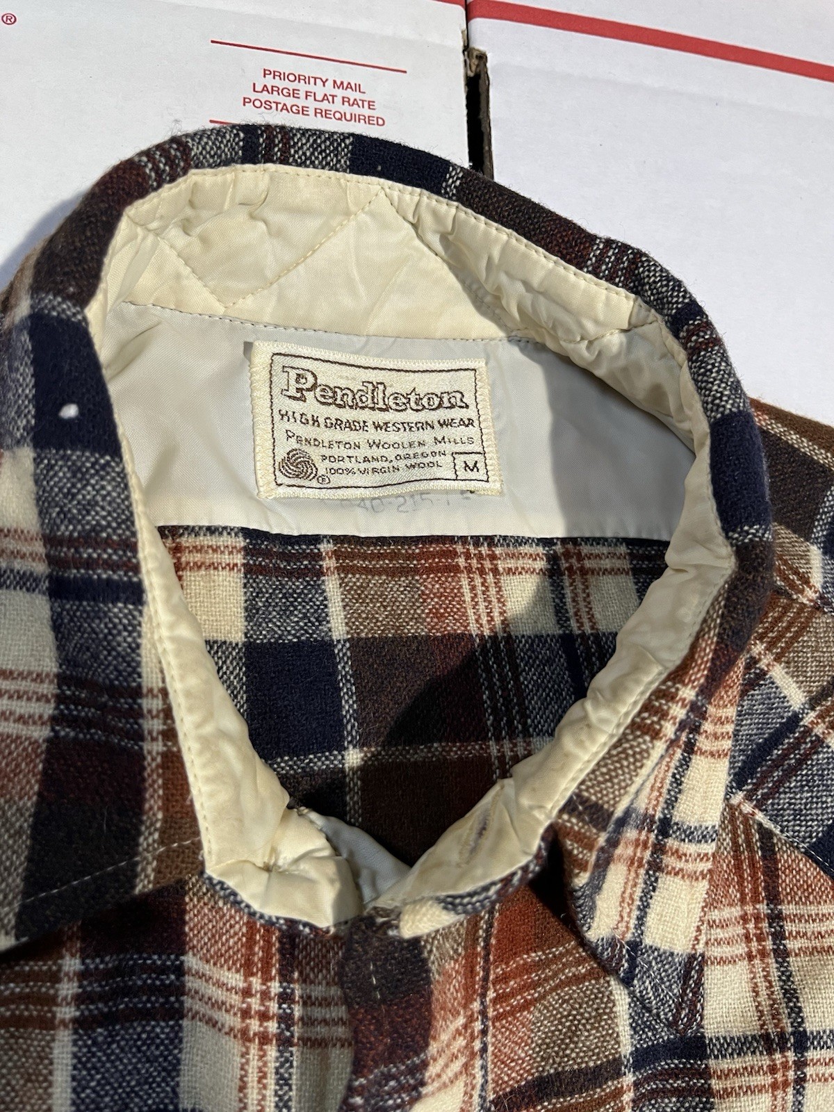 vtg Pendleton Wool Pearl Snap Plaid Western Shirt Mens M Brown Blue Tan Flannel