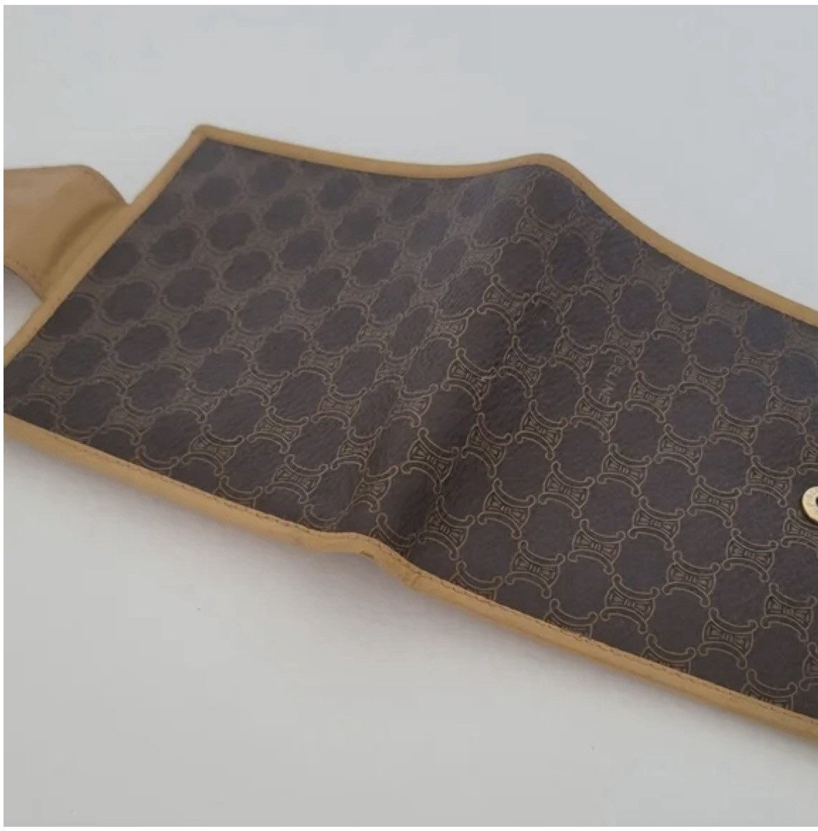 Vintage CELINE Macadam Compact Wallet Brown Canvas Leather Italy Snap Closure