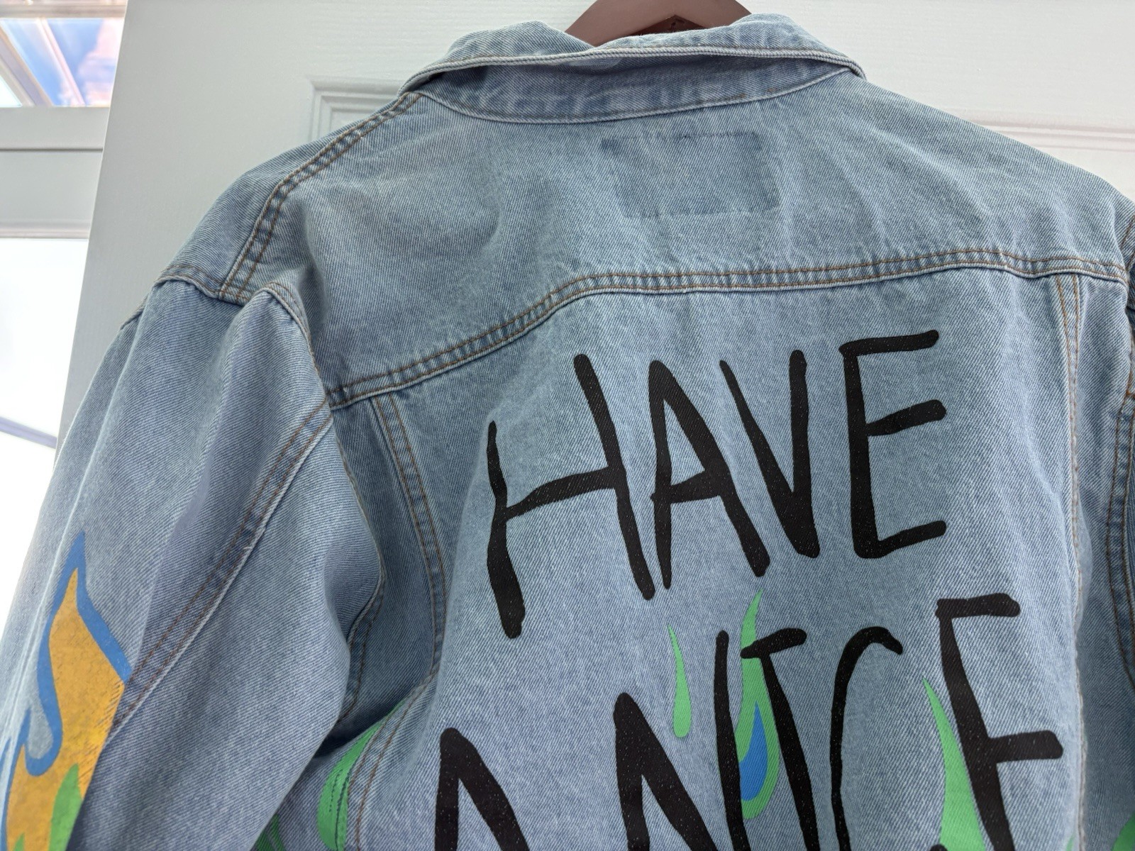 Brooklyn Cloth Men’s Blue Graphic Painted Jean Jacket Trucker Style Size M